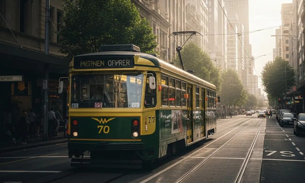 Tram travelling through Melbourne CBD