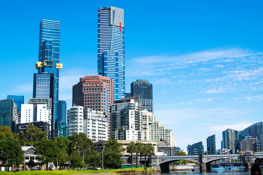 Southbank Melbourne skyline along Yarra River near CBD